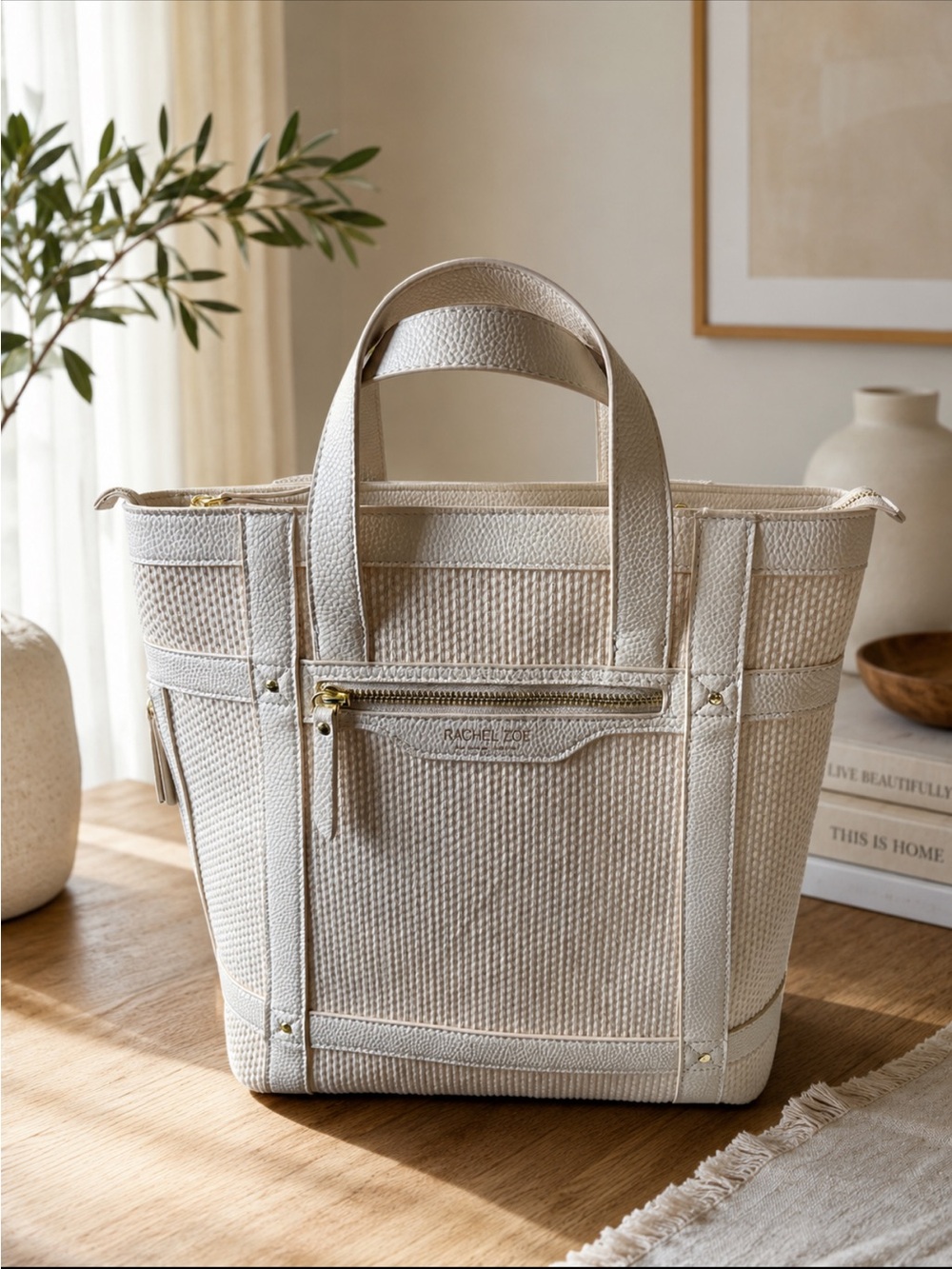 EUC Rachel Zoe Neutral Cream Textured Tote with Gold Hardware